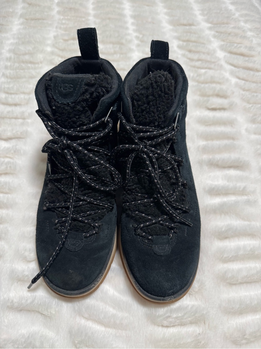 UGG Black Suede Lace-Up Ankle Boots with Shearling Trim 8.5